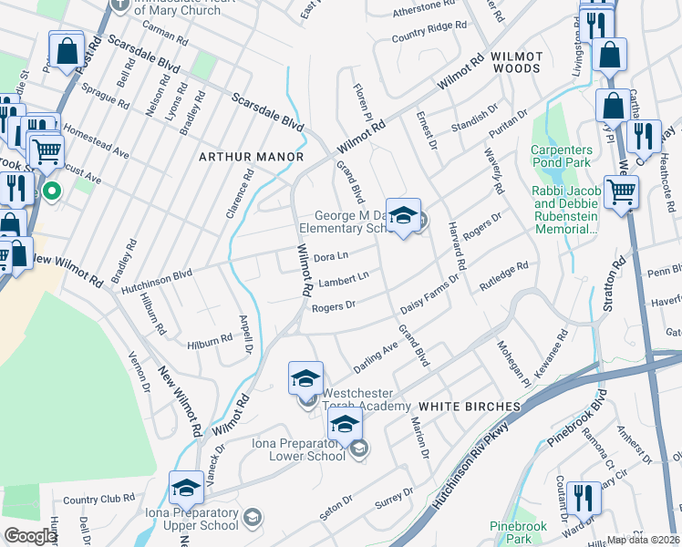map of restaurants, bars, coffee shops, grocery stores, and more near 46 Lambert Lane in New Rochelle