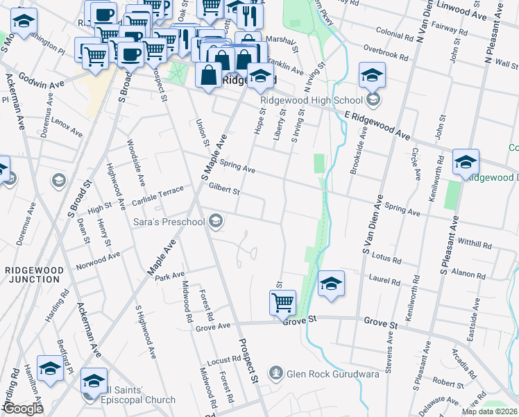 map of restaurants, bars, coffee shops, grocery stores, and more near 391 Gilbert Street in Ridgewood