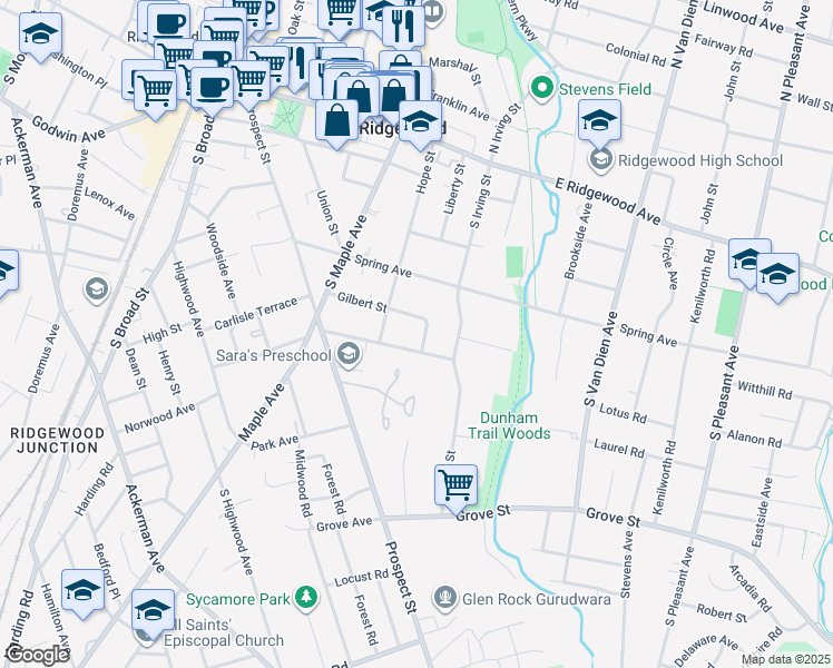map of restaurants, bars, coffee shops, grocery stores, and more near 391 Gilbert Street in Ridgewood