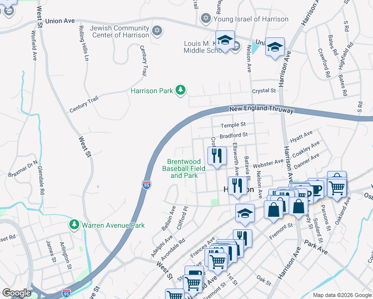 map of restaurants, bars, coffee shops, grocery stores, and more near 7 Shelton Street in Harrison