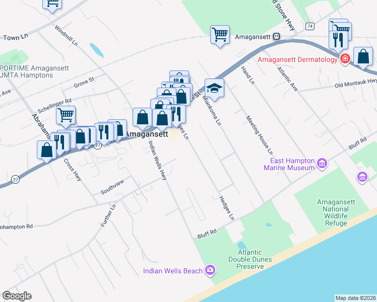 map of restaurants, bars, coffee shops, grocery stores, and more near 55 Hedges Lane in East Hampton
