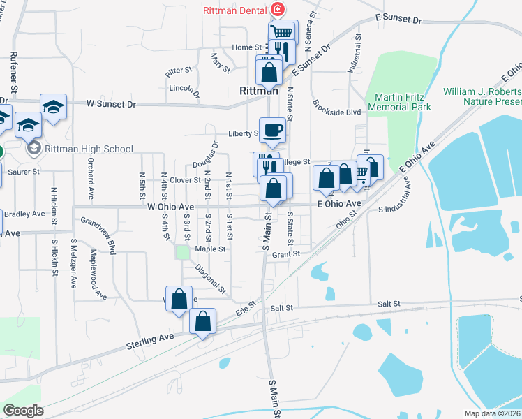 map of restaurants, bars, coffee shops, grocery stores, and more near 17 South Main Street in Rittman