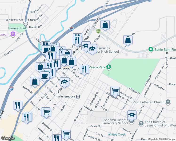 map of restaurants, bars, coffee shops, grocery stores, and more near 135 East Railroad Street in Winnemucca