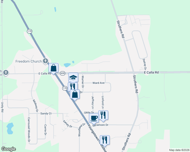 map of restaurants, bars, coffee shops, grocery stores, and more near 4857 East Calla Road in New Middletown