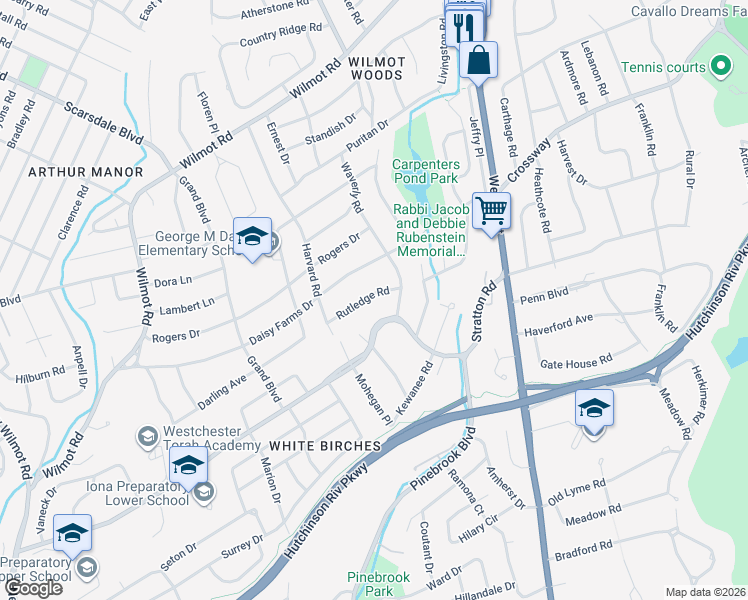 map of restaurants, bars, coffee shops, grocery stores, and more near 30 Rutledge Road in Scarsdale