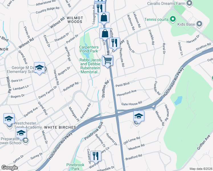 map of restaurants, bars, coffee shops, grocery stores, and more near 575 Stratton Road in New Rochelle