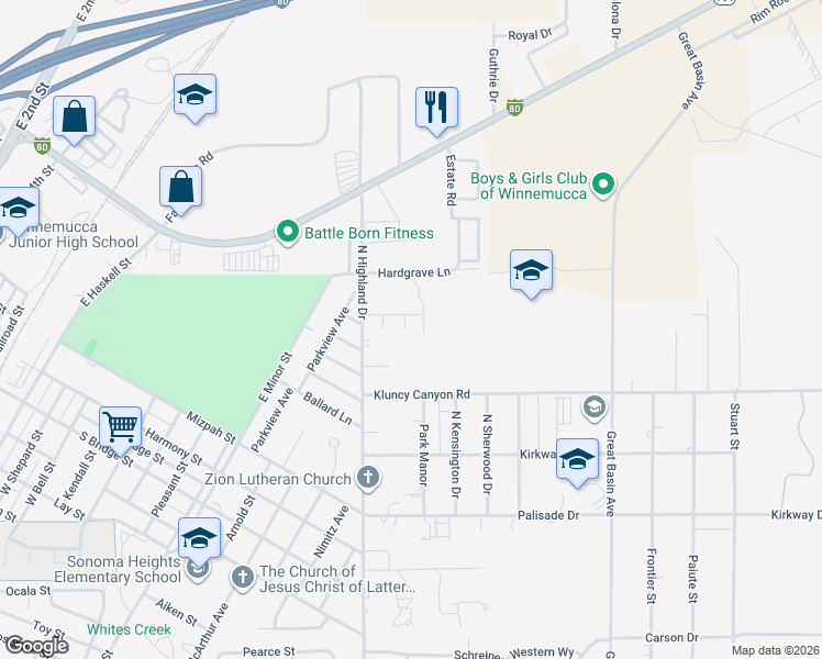 map of restaurants, bars, coffee shops, grocery stores, and more near 3 Century Court in Winnemucca