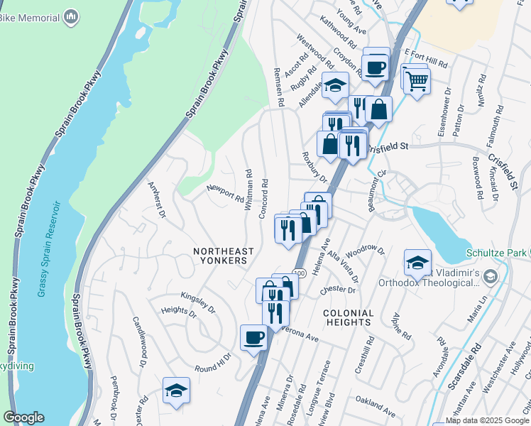 map of restaurants, bars, coffee shops, grocery stores, and more near 265 Concord Road in Yonkers