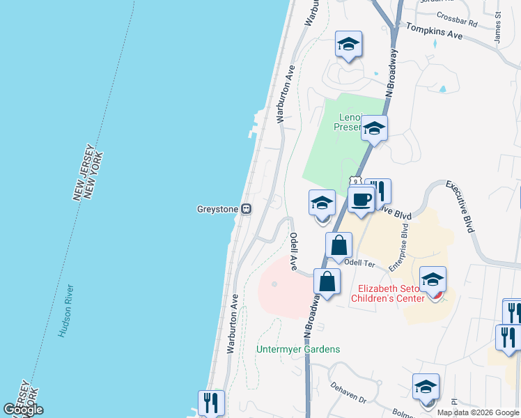 map of restaurants, bars, coffee shops, grocery stores, and more near 1085 Warburton Avenue in Yonkers