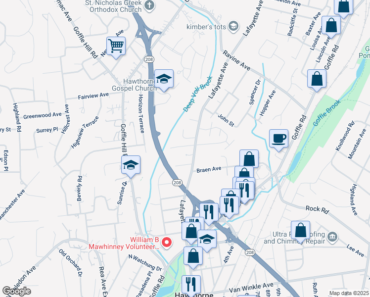 map of restaurants, bars, coffee shops, grocery stores, and more near 16 Ravine Drive West in Hawthorne