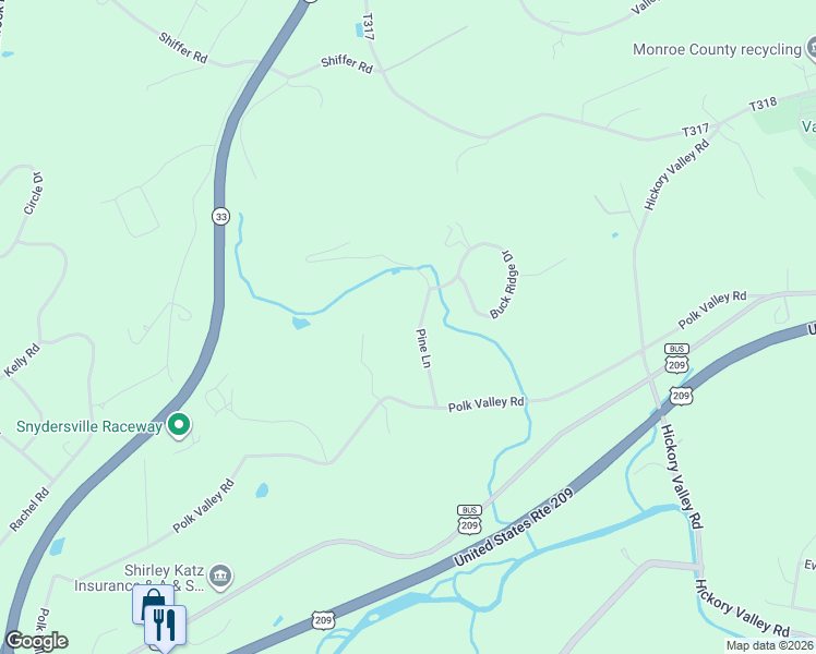 map of restaurants, bars, coffee shops, grocery stores, and more near 102 Pine Lane in Stroudsburg