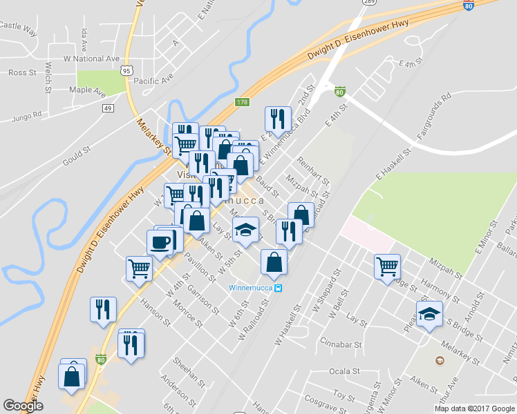 map of restaurants, bars, coffee shops, grocery stores, and more near 426 South Bridge Street in Winnemucca