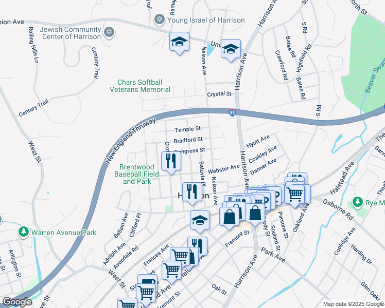 map of restaurants, bars, coffee shops, grocery stores, and more near 75 Congress Street in Harrison
