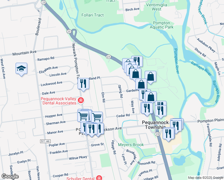 map of restaurants, bars, coffee shops, grocery stores, and more near 30 Garden Place in Pequannock Township