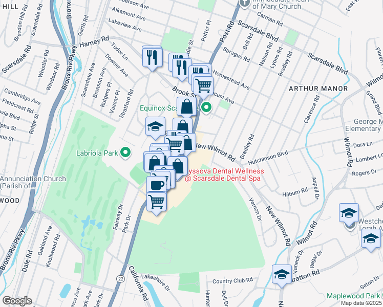 map of restaurants, bars, coffee shops, grocery stores, and more near 750 White Plains Road in Scarsdale