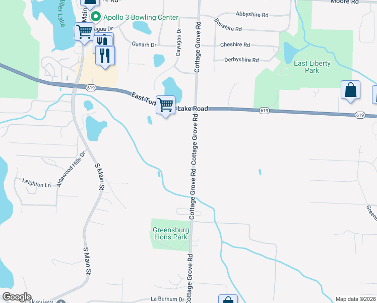 map of restaurants, bars, coffee shops, grocery stores, and more near 4012 Cottage Grove Road in Uniontown