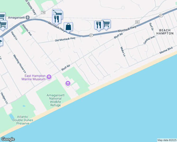 map of restaurants, bars, coffee shops, grocery stores, and more near 24 Sandpiper Lane in Amagansett