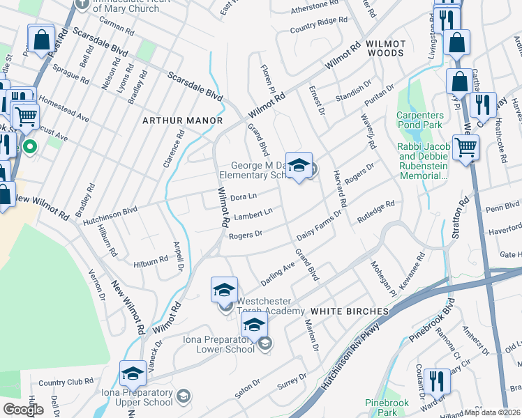 map of restaurants, bars, coffee shops, grocery stores, and more near 46 Lambert Lane in New Rochelle