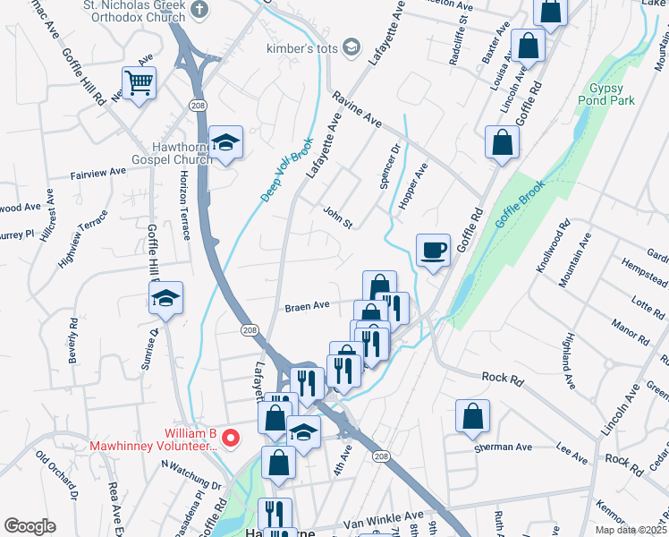 map of restaurants, bars, coffee shops, grocery stores, and more near 3 Ashley Court in Hawthorne