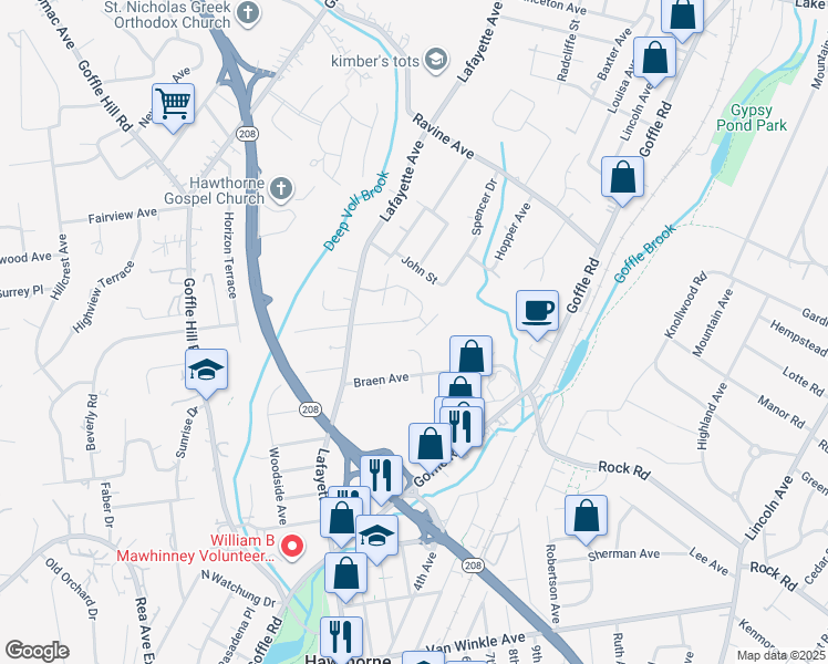 map of restaurants, bars, coffee shops, grocery stores, and more near 3 Ashley Court in Hawthorne