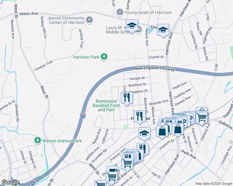map of restaurants, bars, coffee shops, grocery stores, and more near 127 Rockwell Street in Harrison