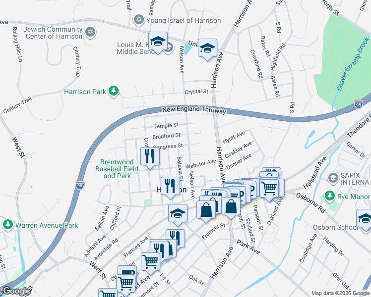 map of restaurants, bars, coffee shops, grocery stores, and more near 77 Nelson Avenue in Harrison