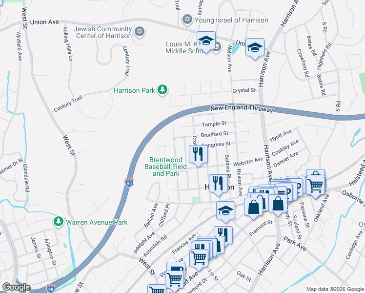 map of restaurants, bars, coffee shops, grocery stores, and more near 127 Rockwell Street in Harrison