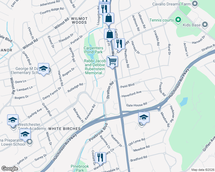 map of restaurants, bars, coffee shops, grocery stores, and more near 575 Stratton Road in New Rochelle
