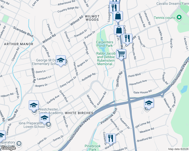 map of restaurants, bars, coffee shops, grocery stores, and more near 30 Rutledge Road in Scarsdale