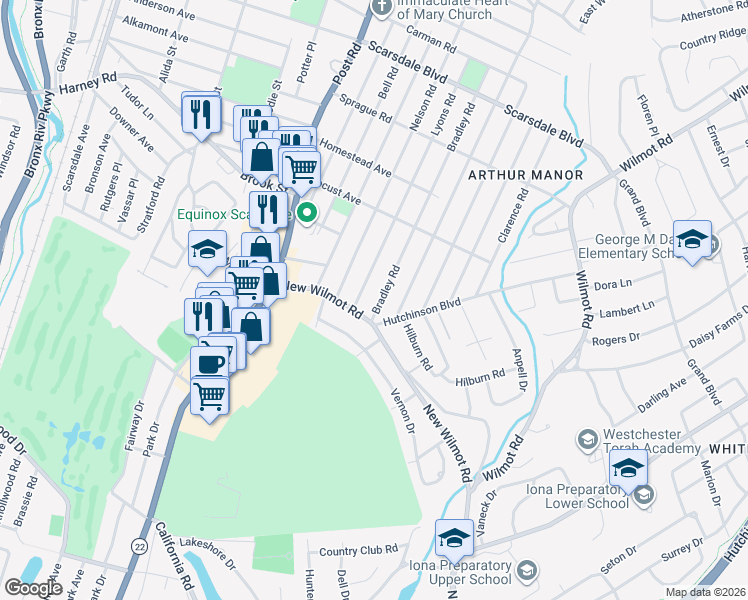 map of restaurants, bars, coffee shops, grocery stores, and more near 8 Lyons Road in Scarsdale