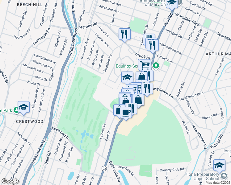 map of restaurants, bars, coffee shops, grocery stores, and more near 23 Greenvale Place in Scarsdale