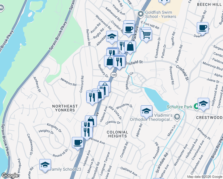 map of restaurants, bars, coffee shops, grocery stores, and more near 2176 Central Park Avenue in Yonkers