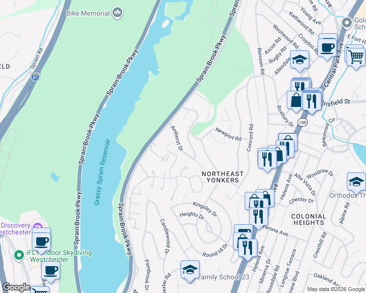 map of restaurants, bars, coffee shops, grocery stores, and more near 15 Dorchester Drive in Yonkers