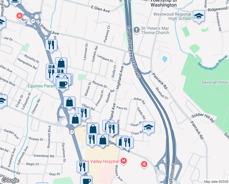 map of restaurants, bars, coffee shops, grocery stores, and more near 767 Highland Avenue in Paramus