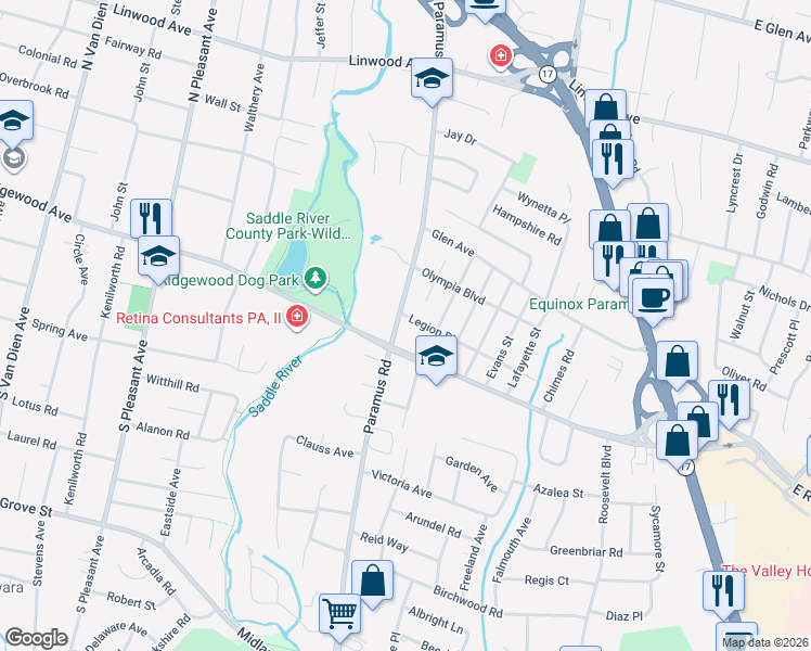 map of restaurants, bars, coffee shops, grocery stores, and more near 3 Legion Place in Paramus