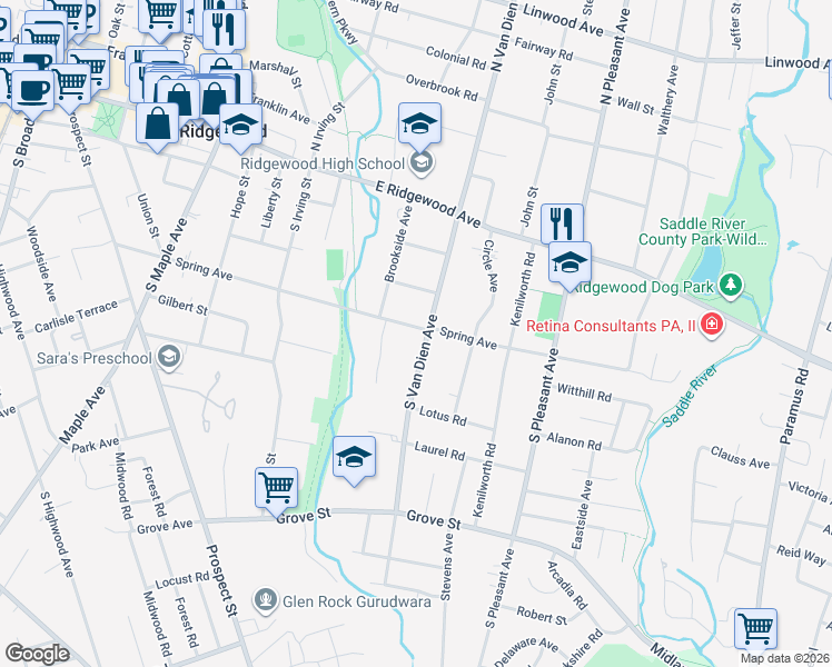 map of restaurants, bars, coffee shops, grocery stores, and more near 210 South Van Dien Avenue in Ridgewood