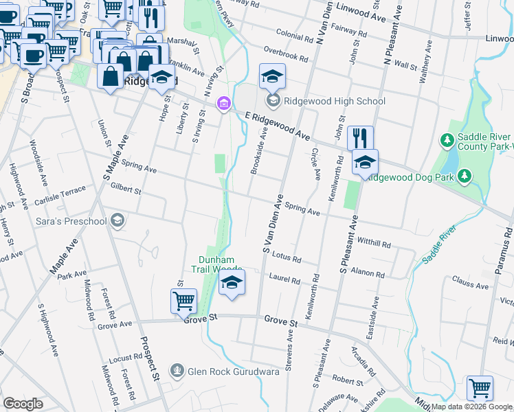 map of restaurants, bars, coffee shops, grocery stores, and more near 210 South Van Dien Avenue in Ridgewood
