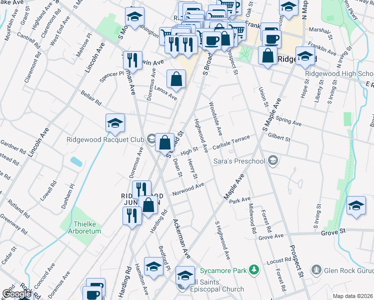 map of restaurants, bars, coffee shops, grocery stores, and more near 3 Henry Street in Glen Rock