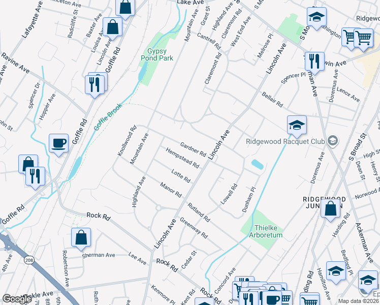 map of restaurants, bars, coffee shops, grocery stores, and more near 220 Gardner Road in Ridgewood