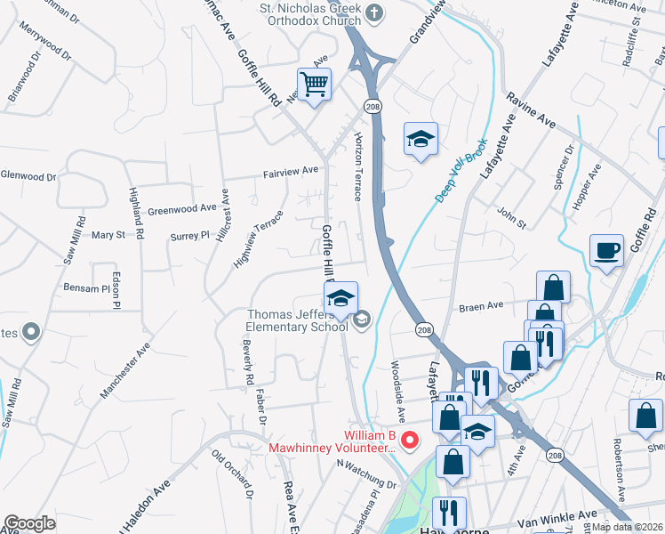 map of restaurants, bars, coffee shops, grocery stores, and more near 205 Beverly Road in Hawthorne