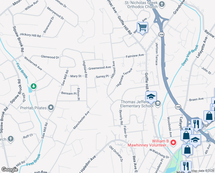 map of restaurants, bars, coffee shops, grocery stores, and more near 48 Hillcrest Avenue in Hawthorne