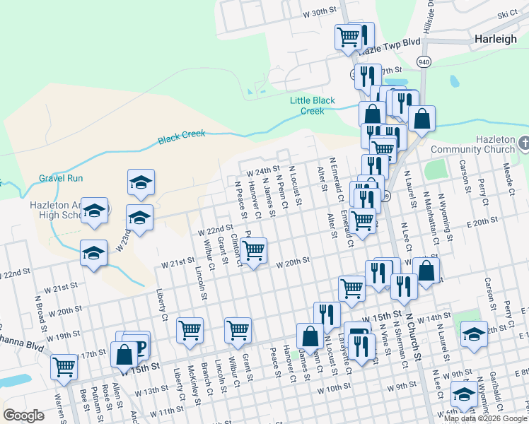 map of restaurants, bars, coffee shops, grocery stores, and more near 1029-1067 Hanover Ct in Hazleton