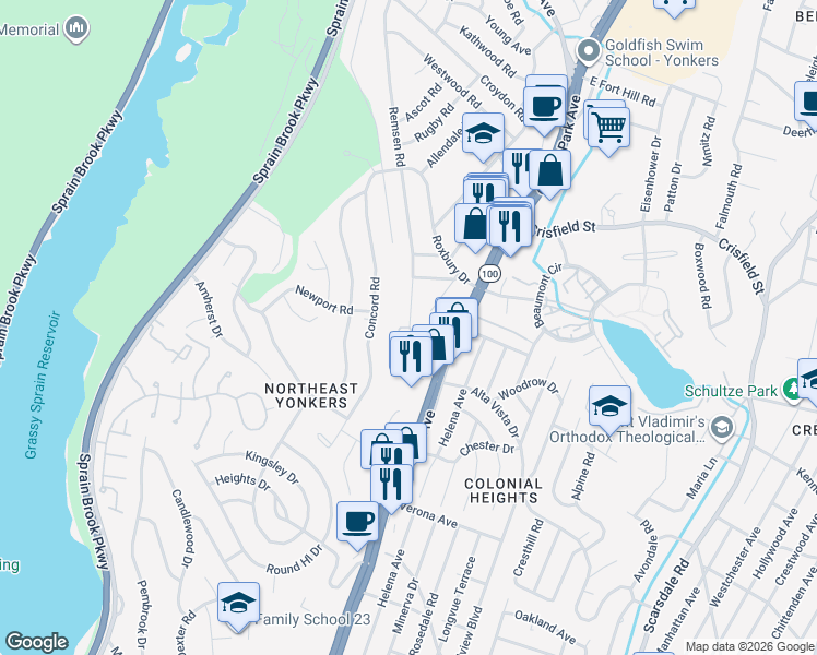 map of restaurants, bars, coffee shops, grocery stores, and more near 265 Concord Road in Yonkers