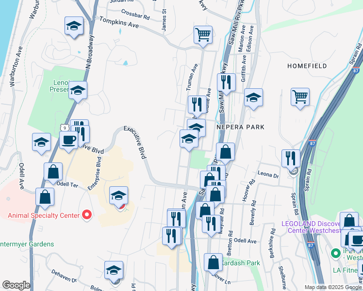 map of restaurants, bars, coffee shops, grocery stores, and more near 138 Truman Avenue in Yonkers