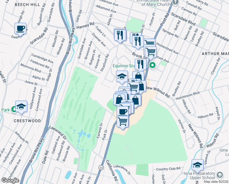 map of restaurants, bars, coffee shops, grocery stores, and more near 23 Greenvale Place in Scarsdale