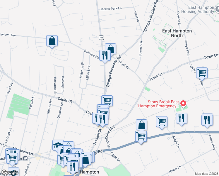 map of restaurants, bars, coffee shops, grocery stores, and more near 164 North Main Street in East Hampton