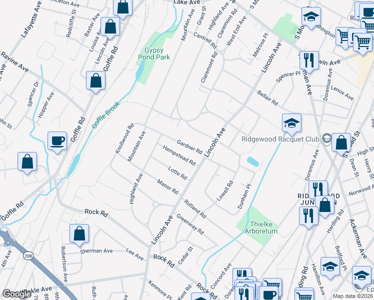 map of restaurants, bars, coffee shops, grocery stores, and more near 220 Gardner Road in Ridgewood