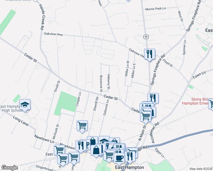 map of restaurants, bars, coffee shops, grocery stores, and more near 6 Boxwood Street in East Hampton