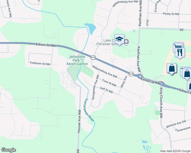 map of restaurants, bars, coffee shops, grocery stores, and more near 12560 Springwater Avenue Northwest in Uniontown