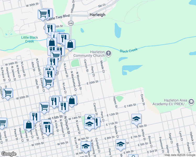 map of restaurants, bars, coffee shops, grocery stores, and more near 200-214 E 20th St in Hazleton